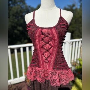 Pink and Burgundy Lace-Up Tank Top